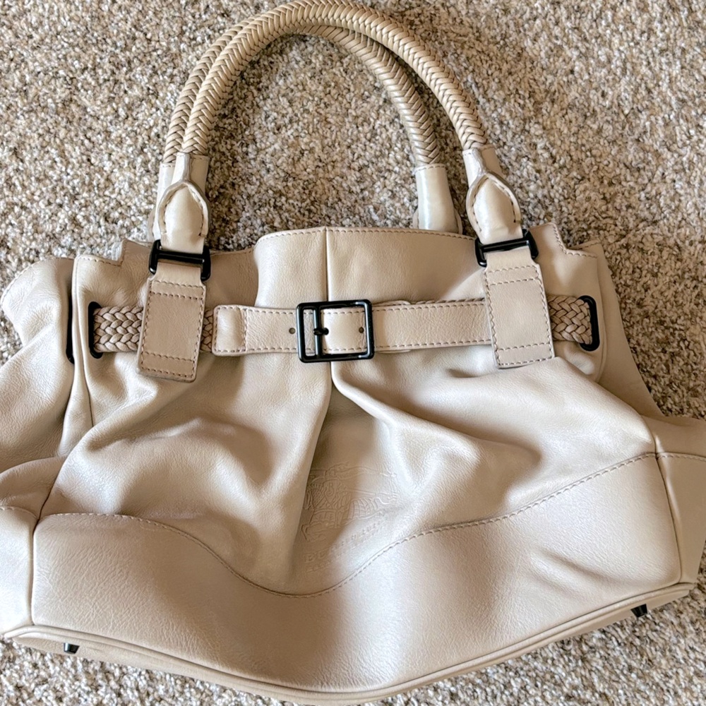 Authentic Burberry Leather Hobo Handbag | ivory